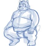  anthro asian_clothing belly blush canid canine canis clothing crouching domestic_dog east_asian_clothing embarrassed eyebrows hi_res japanese_clothing lifewonders live-a-hero male mammal mawashi mokdai navel overweight simple_background sketch solo sumo_wrestler thick_eyebrows video_games white_background yaki_atsuage 