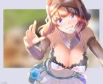 1girl bangs blue_eyes blunt_bangs blush bra breasts brown_hair cleavage commentary_request cowboy_shot eyebrows_visible_through_hair flask genetic_(ragnarok_online) goggles goggles_on_head grin lace lace_bra large_breasts leaning_forward long_hair looking_at_viewer midriff miniskirt navel potion ragnarok_masters ragnarok_online reihou19 round-bottom_flask skirt smile solo underwear vambraces vial white_bra white_skirt 