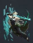  1girl absurdres aqua_fire arrow_(projectile) black_footwear black_gloves black_pants blonde_hair bow_(weapon) braid elbow_gloves flaming_arrow french_braid full_body gloves glowing green_eyes highres long_hair original pants profile rusellunt shoes sleeveless solo very_long_hair weapon 