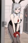  1girl absurdres animal_ears bare_shoulders between_breasts black_leotard blue_eyes blurry blurry_foreground blush borrowed_character breasts detached_collar fake_animal_ears feet_out_of_frame glint grey_hair highres indoors leotard long_hair maid_(gogalking) maid_headdress original parted_lips playboy_bunny ponytail rabbit_ears red_ribbon ribbon rusellunt smile solo strapless strapless_leotard very_long_hair 