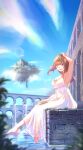  1girl alternate_costume aqueduct arm_up armpits bangs barefoot blue_eyes blue_sky blurry blurry_foreground blush book breasts brick brick_wall brown_hair bush cleavage commentary_request dress eyebrows_visible_through_hair floating_island full_body genetic_(ragnarok_online) goggles goggles_on_head highres holding holding_book large_breasts long_hair looking_at_viewer open_mouth ragnarok_masters ragnarok_online reihou19 sky smile solo water waterfall white_dress 
