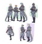  2022 anthro badge black_pupils blue_sclera canid canine canis clothing colored darbaras green_sclera group gun hi_res lizard male mammal orange_eyes orange_sclera pupils radio ranged_weapon reptile scalie security security_guard security_uniform simple_background submachine_gun talking_to_another walkie-talkie weapon white_background wolf yellow_sclera 