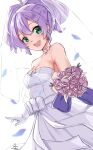  1girl as4gi azur_lane bouquet breasts bridal_gauntlets bridal_veil bride cowboy_shot crown dress elbow_gloves flower gloves green_eyes highres holding holding_bouquet javelin_(azur_lane) javelin_(blissful_purity)_(azur_lane) looking_at_viewer medium_breasts medium_hair open_mouth pink_flower pink_rose purple_hair purple_ribbon ribbon rose smile solo strapless strapless_dress veil wedding wedding_dress white_dress white_gloves wide_ponytail 