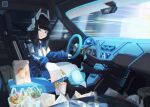  1girl absurdres bag bendy_straw black_hair breasts car_interior chromatic_aberration commentary_request cup disposable_cup drinking_straw driving fast_food food french_fries gloves green_eyes gun headgear highres holding holding_food hologram long_hair long_sleeves looking_at_viewer medium_breasts natori_youkai original paper_bag parted_lips plastic_bag puffy_long_sleeves puffy_sleeves qr_code shirt shotgun sitting sleeves_past_wrists smile solo thighhighs weapon white_gloves white_legwear white_shirt 