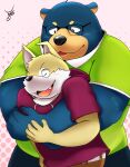  2019 anthro blue_body blush canid canine canis clothing domestic_dog duo embrace eyes_closed eyewear glasses hoodie hug hugging_from_behind humanoid_hands kemono male mammal overweight overweight_male shirt takkusk topwear ursid 