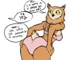  anthro avian bird bojack_horseman bra clothed clothing dialogue ear_tuft feathers female guoh hands_on_hips head_turned lingerie netflix open_mouth owl panties pink_bra pink_clothing pink_lingerie pink_panties pink_underwear simple_background solo speech_bubble tan_body tan_feathers tuft underwear underwear_only wanda_pierce white_background yellow_sclera 