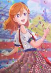 1girl :d belt blue_belt blurry blurry_background clothing_cutout commentary confetti dated day english_commentary eyebrows_visible_through_hair hair_between_eyes hand_up highres hinata2325 houndstooth index_finger_raised jewelry long_hair looking_at_viewer looking_to_the_side love_live! love_live!_superstar!! mixed-language_commentary open_mouth orange_hair purple_eyes red_skirt ring shibuya_kanon shirt short_sleeves shoulder_cutout signature skirt smile solo stadium start!!_true_dreams_(love_live!) teeth tongue tsurime upper_teeth white_shirt 