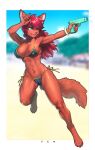  2022 absurd_res anthro beach bikini blue_bikini blue_clothing blue_eyes blue_swimwear breasts camel_toe canid canine clothing eyebrows eyelashes fangs female fur glistening glistening_body glistening_breasts hair hi_res long_hair mammal navel one_eye_closed open_mouth pgm300 red_hair seaside side-tie_bikini solo swimwear toy toy_gun water_gun 