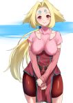  1girl belt blonde_hair breasts facial_mark fiona_(zoids) forehead_mark highres huuuna large_breasts long_hair ponytail puffy_nipples red_eyes ribbon simple_background smile solo very_long_hair zoids zoids_chaotic_century 