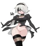  1girl ass_visible_through_thighs black_footwear black_gloves black_hairband black_legwear breasts cleavage cleavage_cutout clothing_cutout gloves grey_background grey_hair hair_over_one_eye hairband mole mole_under_mouth nier_(series) nier_automata omoworks parted_lips pixel_art puffy_sleeves pussy short_hair simple_background skindentation solo teeth thighhighs turtleneck wind yorha_no._2_type_b 