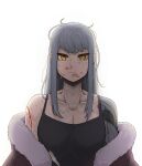  1girl bangs black_camisole blood breasts camisole cleavage collarbone crack eyebrows_visible_through_hair grey_hair highres injury long_hair looking_at_viewer mechanical_arms orange_eyes original rusellunt simple_background single_mechanical_arm solo upper_body white_background 