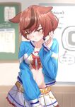  1girl absurdres bangs belt blue_jacket blurry blurry_background blush breasts brown_hair bulletin_board crop_top ears_down hand_up highres indoors jacket kohaku_teru long_sleeves looking_away medium_breasts multicolored_hair navel nice_nature_(run&amp;win)_(umamusume) nice_nature_(umamusume) open_clothes open_jacket open_mouth ponytail sailor_collar shirt short_hair solo stomach streaked_hair sweat umamusume upper_body white_shirt whiteboard yellow_eyes 