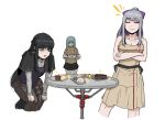  3girls bangs black_hair black_skirt blue_eyes blush bow breasts brown_sweater cheesecake cleavage closed_eyes cropped_legs crossed_arms eyebrows_visible_through_hair feet_out_of_frame food green_eyes green_hair grey_eyes grey_hair hair_bow heterochromia highres long_hair macaron multiple_girls open_mouth original pleated_skirt purple_bow rusellunt sidelocks simple_background skirt sparkle sweater table very_long_hair white_background 