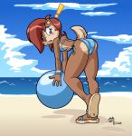  ahoge anthro archie_comics ball beach beach_ball blue_clothing blue_eyes blue_swimwear blush blush_stickers bracelet breasts brown_body brown_fur brown_hair butt butt_heart chipmunk clothing cloud cricket-inc exclamation_point female flip_flops footwear fur ground_squirrel hair holding_object inflatable jewelry mammal open_mouth rodent sally_acorn sandals sciurid sea seaside sega sky solo sonic_the_hedgehog_(archie) sonic_the_hedgehog_(comics) sonic_the_hedgehog_(series) swimwear tan_body tan_fur thick_thighs under_boob water wide_hips 