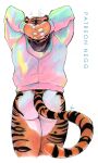 anthro black_body black_fur bottomless butt butt_heart clothed clothing felid fur hi_res holographic_clothes jacket jacket_only male mammal negger orange_body orange_fur pantherine pinup pose solo striped_body striped_fur stripes thick_thighs tiger topwear traditional_media_(artwork) white_body white_fur 