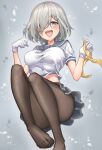  1girl bangs black_legwear blush breasts commentary_request eyebrows_visible_through_hair feet gloves grey_eyes grey_hair grey_skirt hair_ornament hair_over_one_eye hairclip hamakaze_(kancolle) highres holding kamidanomi kantai_collection looking_at_viewer medium_breasts no_shoes open_mouth pantyhose sailor_collar school_uniform serafuku short_hair simple_background skirt solo white_gloves 