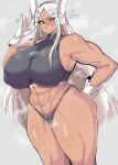  1girl abs animal_ear_fluff animal_ears bare_shoulders boku_no_hero_academia breasts collarbone covered_collarbone covered_nipples eyebrows_visible_through_hair eyelashes gigantic_breasts gloves grey_background hand_on_hip highres long_eyelashes long_hair mirko muscular muscular_female namae_ga_kimaranai_man parted_lips red_eyes shiny shiny_skin simple_background sketch smile solo steam steaming_body teeth thick_thighs thighs very_long_hair white_gloves white_hair 