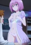  1boy 1girl anime_screencap ass_visible_through_thighs bangs blush bow bow_panties breasts cleavage collarbone dress eyebrows_visible_through_hair highres looking_at_another medium_breasts momo_velia_deviluke navel no_bra open_clothes open_dress open_mouth panties pink_hair purple_dress purple_eyes shirt short_hair sleeveless surprised to_love-ru to_love-ru_darkness underwear white_shirt yuuki_rito 