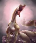  absurd_res anthro areola bed big_breasts bodily_fluids breasts dark_areola digital_media_(artwork) digital_painting_(artwork) dripping female furniture gaping_mouth genitals hi_res long_neck long_tail misscaine nipples on_bed open_mouth presenting_mouth pussy reptile saliva saliva_drip scalie sitting sitting_on_bed snake solo throat tongue tongue_out 