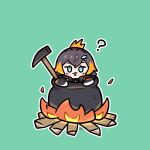  1girl ? bangs black_hair blonde_hair blue_eyes cauldron chibi fire green_background hammer in_cauldron looking_at_viewer multicolored_hair nijisanji nijisanji_en open_mouth petra_gurin pongari simple_background solo virtual_youtuber 