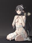  1girl absurdres bandaged_arm bandaged_leg bandages black_choker blue_eyes blush breasts choker full_body grey_hair hands_up highres long_hair looking_at_viewer medium_breasts naked_bandage original parted_lips pointy_ears ponytail rusellunt sitting smile snake_tail solo tail very_long_hair 