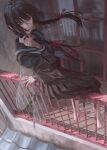  1girl antennae arthropod_girl bad_id bad_twitter_id balcony black_hair braid hair_tie hybrid original red_nails school_uniform sitting skirt solo tunapon01 twin_braids window wings 