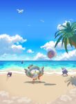  alolan_exeggutor bird cloud commentary_request crabrawler day drifloon flower hat hat_flower hatted_pokemon mokukitusui no_humans outdoors pelipper pokemon pokemon_(creature) pyukumuku red_flower rowlet sand sky water wingull yellow_headwear 