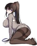  1girl absurdres arched_back artist_name ass breasts brown_hair brown_legwear counter:side covered_nipples dress from_side full_body grin hair_between_eyes high_ponytail highres kneeling large_breasts long_hair long_sleeves looking_at_viewer maett no_shoes panties panties_under_pantyhose pantyhose purple_eyes ribbed_sweater sidelocks simple_background smile solo sweater sweater_dress thighband_pantyhose turtleneck turtleneck_sweater underwear very_long_hair white_background yoo_mina 
