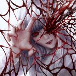  1girl bangs black_sclera blood blunt_bangs colored_sclera flowersbloodart grey_hair highres long_hair original painterly parted_lips pink_lips red_eyes silk solo spider_web teeth tongue tongue_out upper_body upper_teeth 