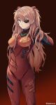  1girl absurdres artist_name bangs blue_eyes bodysuit essukaa_(e-su) eyepatch frown hand_in_own_hair hand_up highres interface_headset long_hair looking_at_viewer neon_genesis_evangelion orange_hair plugsuit power_symbol skin_tight solo souryuu_asuka_langley two_side_up v-shaped_eyebrows very_long_hair 