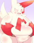  absurd_res ambiguous_gender anthro belly belly_pinch blush claws cosith fupa fur hi_res nintendo overweight pink_backgroud pink_eyes pok&eacute;mon pok&eacute;mon_(species) solo standing video_games white_body white_fur zangoose 