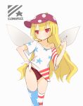  1girl absurdres adapted_costume american_flag_legwear bangs baseball_cap black_panties blonde_hair character_name closed_mouth clownpiece fairy_wings flat_cap hat highres long_hair looking_to_the_side panties polka_dot_headwear purple_headwear red_eyes shiki_karin shirt short_sleeves simple_background solo standing star_(symbol) star_print t-shirt thighhighs touhou underwear white_background white_shirt wings 