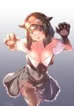  1girl animal_ear_legwear animal_hands animal_print bangs black_dress black_legwear blue_eyes blush breasts brown_hair cat_print cleavage commentary_request cowboy_shot dress frilled_dress frills genetic_(ragnarok_online) gloves goggles grey_background hair_flaps highres jewelry large_breasts long_hair looking_at_viewer necklace off-shoulder_dress off_shoulder open_mouth paw_gloves ragnarok_masters ragnarok_online reihou19 signature smile solo thighhighs 