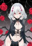  1girl arthropod_limbs bangs black_background breasts cleavage cowboy_shot flower gradient gradient_background groin hair_ornament highres large_breasts looking_at_viewer navel open_mouth original red_eyes red_flower red_rose rose short_hair solo spider_web_background standing tousen virtual_youtuber white_hair 