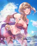  1girl adapted_costume bangs bikini blue_eyes blue_sky blush breasts brown_hair cleavage cloud commentary_request cowboy_shot day detached_sleeves eyebrows_visible_through_hair genetic_(ragnarok_online) goggles goggles_on_head grey_sleeves horizon large_breasts leaning_forward long_hair looking_at_viewer midriff navel ocean open_mouth outdoors ragnarok_masters ragnarok_online red_bikini red_ribbon red_skirt reihou19 ribbon skirt sky sleeve_ribbon solo sparkle swimsuit water 