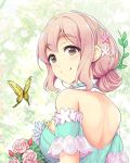  1girl armband bouquet bug butterfly dress flower hair_bun hair_flower hair_ornament holding holding_bouquet idolmaster idolmaster_cinderella_girls looking_at_viewer looking_back pink_hair saionji_kotoka shoulder_blades single_hair_bun solo strapless strapless_dress thick_eyebrows toshio_093 upper_body yellow_butterfly 