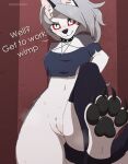  absurd_res anthro artmarshmallow canid canid_demon canine clothing collar demon dialogue female genitals hellhound helluva_boss hi_res looking_down_at_viewer loona_(helluva_boss) mammal paws pussy red_sclera snarling solo spiked_collar spikes step_pose talking_to_viewer text 