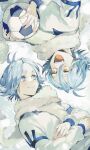  2boys antenna_hair ball blue_eyes blue_hair blush closed_mouth eyebrows_visible_through_hair eyes_visible_through_hair fingernails fubuki_shirou fur_scarf grey_scarf hair_between_eyes highres holding holding_ball inazuma_eleven inazuma_eleven_(series) light_blue_hair looking_at_another lying male_focus multiple_boys on_back open_mouth orange_eyes outdoors remon_(10112) scarf smile snow snowing soccer_ball teeth upper_teeth 