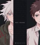  2boys artist_name bangs binary black_background black_necktie boleum_(dgrpluna) brown_hair collarbone collared_shirt danganronpa_(series) danganronpa_2:_goodbye_despair english_text frown green_jacket grey_hair hinata_hajime hood hood_down hooded_jacket jacket komaeda_nagito male_focus messy_hair multiple_boys necktie shiny shiny_hair shirt short_hair spoilers white_shirt 