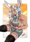  1girl absurdres animal_ears bare_shoulders boku_no_hero_academia breasts clutching_clothes dark-skinned_female dark_skin eyelashes grin highres kouta0726 large_breasts long_eyelashes long_hair looking_at_viewer meme_attire mirko muscular muscular_female rabbit_ears rabbit_tail red_eyes sideboob sidelocks signature sitting smile sweat tail thick_thighs thighs virgin_killer_sweater white_hair zettai_ryouiki 