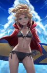  1girl bangs bikini blonde_hair blush breasts collarbone fate/apocrypha fate/grand_order fate_(series) green_eyes hair_ornament hair_scrunchie highres long_hair long_sleeves looking_at_viewer mordred_(fate) mordred_(fate/apocrypha) open_mouth parted_bangs ponytail scrunchie sidelocks small_breasts smile solo swimsuit thighs tonee 