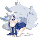  1girl all_fours animal_ear_fluff animal_ears azur_lane baiji blue_kimono breasts cleavage detached_collar full_body highres huge_breasts japanese_clothes kimono kitsune kyuubi large_tail long_sleeves multiple_tails off_shoulder shinano_(azur_lane) sideways_glance simple_background solo tail thighhighs white_background white_legwear wide_sleeves 