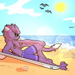  3_toes absurd_res anthro beach chest_tuft clothing eyewear feet felid feline fur hi_res male mammal purple_body purple_fur sand seashell seaside shell solo sun sunglasses swimming_trunks swimwear the_xing1 toes tuft water 