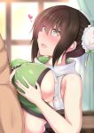 bangs blurry blurry_background blush breasts brown_hair chinese_clothes covered_nipples cum curtains ebon ejaculation fate/grand_order fate_(series) from_side green_eyes green_hair hair_bun heart heart-shaped_pupils hetero highres indoors large_breasts looking_at_another open_mouth paizuri paizuri_under_clothes perpendicular_paizuri qin_liangyu_(fate) symbol-shaped_pupils window 