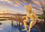  absurd_res anthro blue_eyes cloud domestic_cat felid feline felis fur hi_res male mammal river solo stampmats sunset trunk twilight yellow_body yellow_fur 