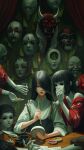  1girl 3others black_hair cookie food glass hair_over_one_eye highres mannequin mask multiple_others oni_mask original painting_(action) plate whispering xiaofanchuanart 