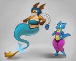  2022 anthro big_breasts blue_body blue_hair bottomless breasts cleavage clothed clothing countershading dragon duo female floating genie green_body grey_background hair head_wings kobold leggings legwear magic_lamp midriff robomax shocked simple_background tan_body tan_countershading wings 