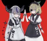  2girls absurdres apron bangs black_dress black_nails blonde_hair commentary_request dress earrings expressionless eyebrows_visible_through_hair eyepatch flower flower_over_eye grey_hair hand_to_hand highres hololive horns identity_(vocaloid) jewelry kazama_iroha la+_darknesss looking_at_viewer maid_apron maid_headdress multicolored_hair multiple_girls mutsumi326 one_eye_covered open_hand pointy_ears purple_hair red_background star_(symbol) star_earrings streaked_hair tail virtual_youtuber white_dress wrist_cuffs 