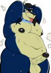  anthro balls bandai_namco belly bernie-p black_hair canid canine canis digimon digimon_(species) erection eyewear eyewear_on_head genitals hair hi_res machgaogamon male mammal musk navel nipples nude overweight penis solo sunglasses sunglasses_on_head wolf 