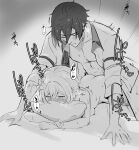  1boy 1girl absurdres bangs blush earrings flower genshin_impact greyscale hair_between_eyes hair_flower hair_ornament hetero highres implied_sex itsumi2 jewelry lumine_(genshin_impact) lying monochrome nose_blush object_hug on_stomach open_clothes open_shirt pillow pillow_hug sex sex_from_behind shirt single_earring sound_effects sweat tassel tassel_earrings tears twitter_username zhongli_(genshin_impact) 